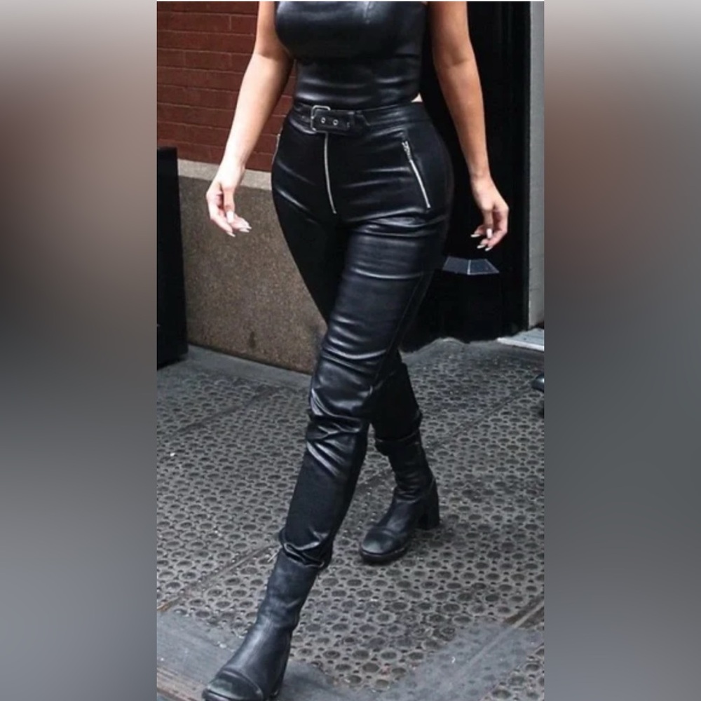 NWOT Danielle Guizio Black Slim Faux Leather Pants w/silver buckle&zippers - M